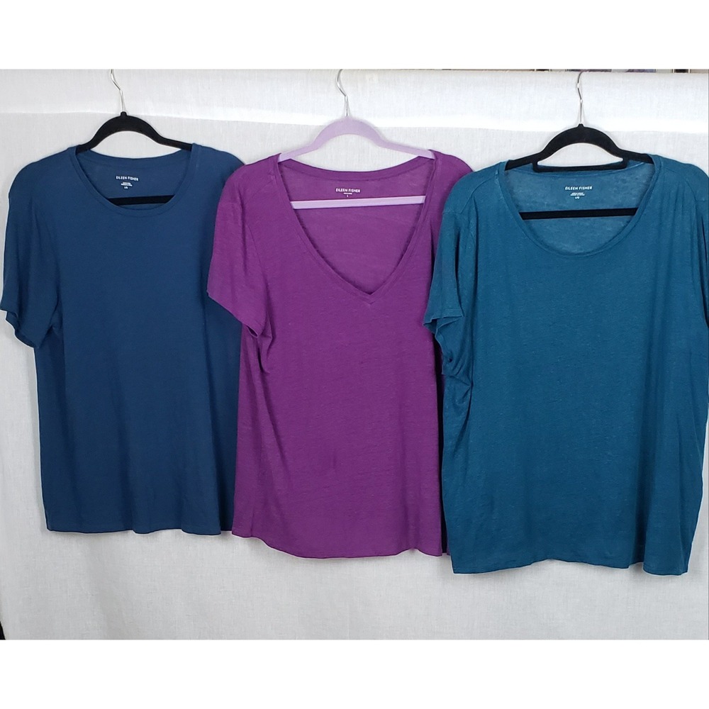 Eileen Fisher Womens T-Shirt Bundle Large Organic Cotton Linen Blue Purple Teal